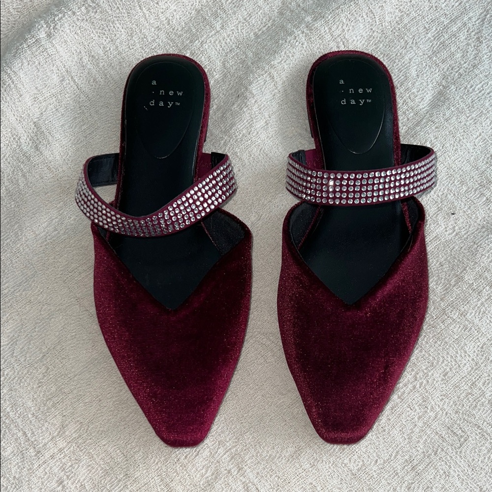 A New Day Burgundy Velvet Mules with Rhinestone Straps